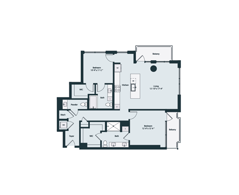 Floor plan for 2 beds, 2.5 baths, 1349 sqft